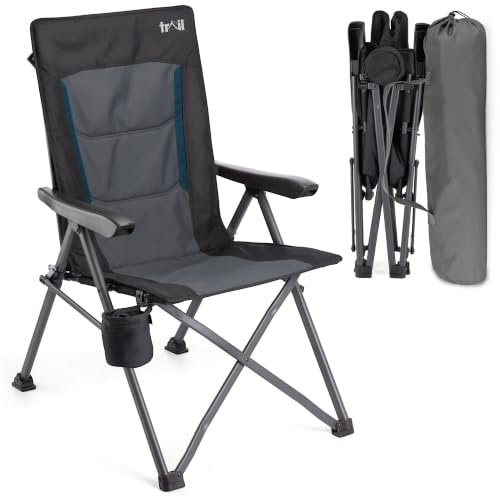 Trail Cardinal Reclining Camping Chair, Compact Folding Design, Grey | 3 Reclining Positions, High Back for Support, Steel & Aluminium Frame, Fold-Away Cup Holder, Bag Included, 120kg Capacity