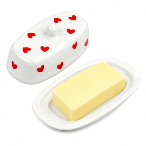 White Heart-Shaped Ceramic Butter Dish with Lid - Large Porcelain Butter Keeper for Countertop and Fridge, Fits 600g UK Butter Blocks, Elegant Kitchen Storage