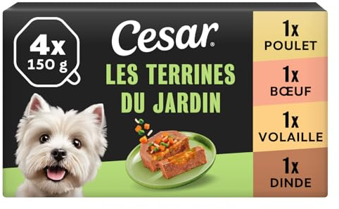 Cesar Les Terrines du Jardin 6 x 4 x 150 g Poulet, Bœuf, Volaille et Dinde en Morceaux avec Légumes et Riz (Pack de 24)