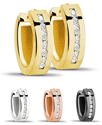 Treuheld® | Creolen/Ohrringe aus 925 Sterling Silber | 4mm x 13mm | Gold mit Glitzer - Kristallen | Klappcreolen für Damen | Set Paar