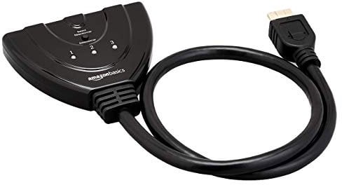Amazon Basics El conmutador HDMI de 3 puertos con cable flexible admite vídeo Full HD 4K @30Hz, 3 entradas y 1 salida, Negro