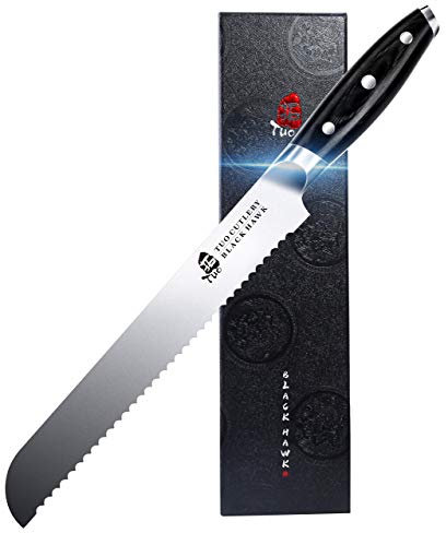 TUO Bread Knife Kitchen Knife Serrated 9 inch Bread Cutting Knife German High Carbon Stainless Steel Cake Knife with Full Tang Pakkawood Handle-Black Hawk Series