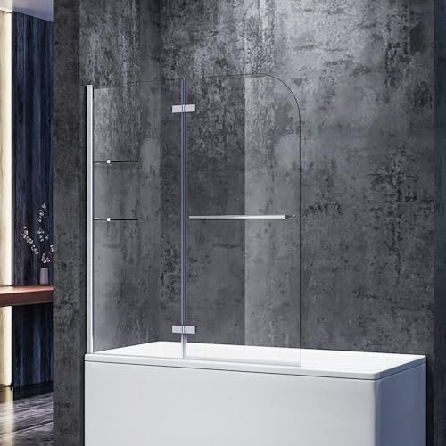 SONNI Paroi de douche 120 x 140 cm (l x h) avec porte-serviettes + étagère d'angle, paroi de douche en verre transparent Nano 5 mm