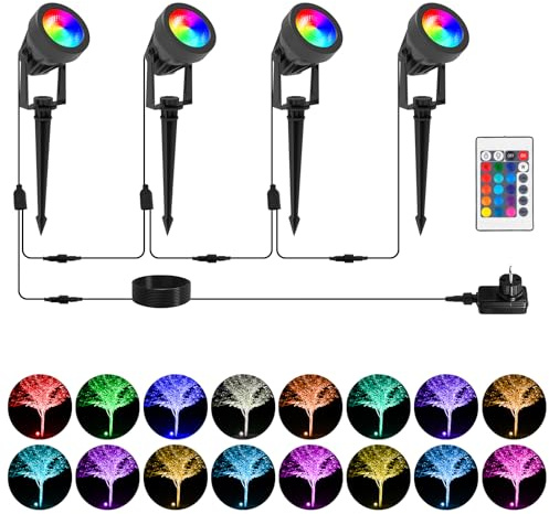 T-SUNUS RGB Gartenbeleuchtung mit Fernbedienung, Gartenstrahler LED RGB mit Strom, 16 Farben und 4 Modi IP65 Wasserdich für Party Patio Garten Einfahrt Gehweg