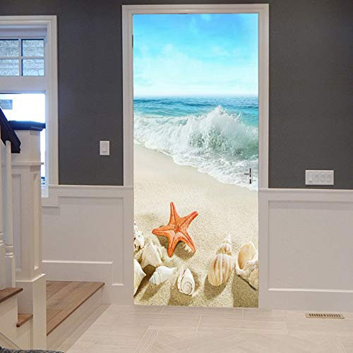 A.Monamour Türtapete Selbstklebend Türfolie Türposter 3D Muscheln Seestern Sandstrand Blau Spritzenden Ozeanwellen Tropisch Vinyl Folie Türdeko Tapete Wandbild Türaufkleber Türtattoo 90 x 200 cm