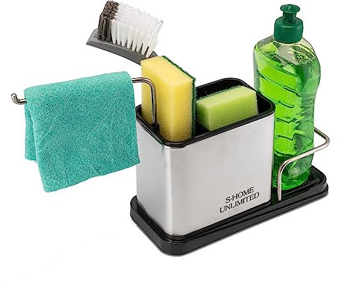 S-Home Unlimited Spülbecken Organizer Edelstahl | Platzsparender Küchenorganizer mit 4 Fächern | Spülutensilienhalter mit Schwammhalter | Kompakte Größe 22x10x13 cm