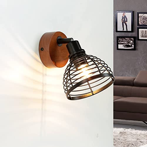 Licht-Erlebnisse Verstellbarer Wandstrahler Holz Metall E14, Spot Wandlampe Retro, Leselampe, Wandbeleuchtung Wohnzimmer Schlafzimmer Jugendzimmer Industrial‑Stil