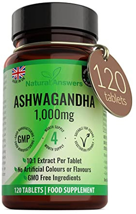 Natural Answers 120 x Ashwagandha 1000mg Per Tablet | 4 Month Supply of High Strength Vegan Tablets (Not Capsules or Pills) of Pure Powder UK Made Anxiety Relief