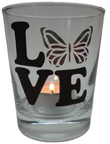 Lichtidee Teelicht Glas Windlicht Tischlicht Print mit Love Schmetterling anthrazit bunt Handmade Unikat Ostern Muttertaggeschenk, Höhe 8cm,
