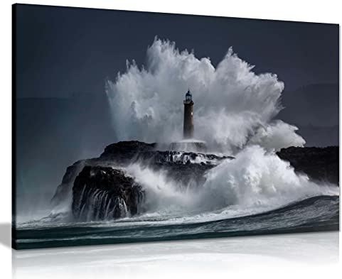 Panther Print Fine Art Prints Old Lighthouse & sea wave Splash at Night Artistic Framed Canvas Print, Pictures for Home Walls, Bedroom, Living Room & Bathroom Decor 31x20cm (12x8in)