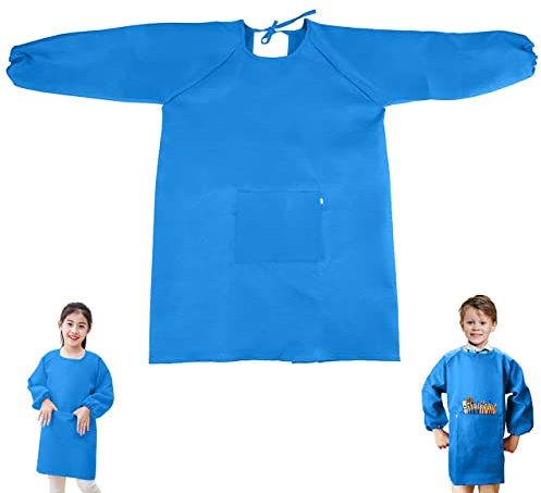 Malerkittel Kinder, Bastelschürze für Kinder, Malschürze Kinder 8-11 Jahre, Kinder Schürzen mit Tasche, Kochschürze Kinder für Schule Kunst Malerei, Kochen, Größe L(Blau)
