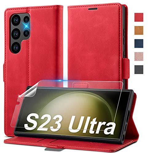 Handyhülle für Samsung Galaxy S23 Ultra Hülle Leder [Mit S23 Ultra Schutzfolie] für Samsung S23 Ultra 5G Hülle Klappbar Leder Flip Wallet, Stoßfeste Case Klapphülle für Samsung S23 Ultra 5G