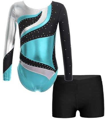 JanJean Kinder Mädchen Gymnastikanzug Glänzend Ballettanzug Langarm Turnanzug Ballett Trikot mit Kurze Hose Wettbewerb Tanzkostüm See Blau 146-152