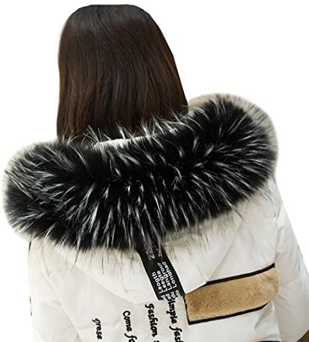KABELIF Damen Winter Schal Kunstfell Pelzkragen Wärm Kunstpelz Pelzschal Fellkragen Fauxpelzkragen für Wintermantel Jacke Kapuze 80cm (Schwarz-weiß)