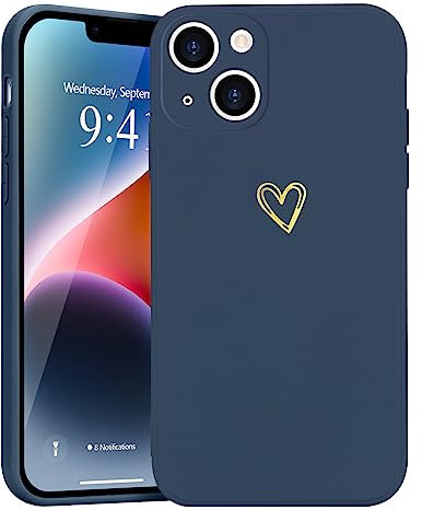 Wirvyuer for iPhone 14 Case with Cute Heart Pattern Soft Shockproof Protective Silicone Phone Case for Women Girls, Navy Blue
