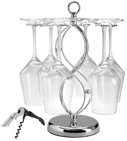 CXRYLZ-FUR Porta Bicchieri Vino Sospesi con Cavatappi, Porta Calici Portabicchieri Sospeso da Appendere 6 Ganci, Appendi Bicchieri Argento con 1 Apribottiglie per Calici Vino