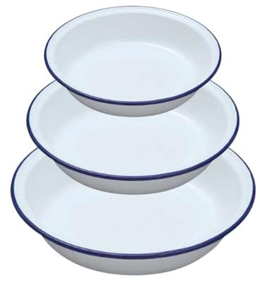 Falcon Enamel Shabby Chic Vintage Style Pie Dish - White with Blue Rim - Set of 3 (Round - 16/18/20cm)