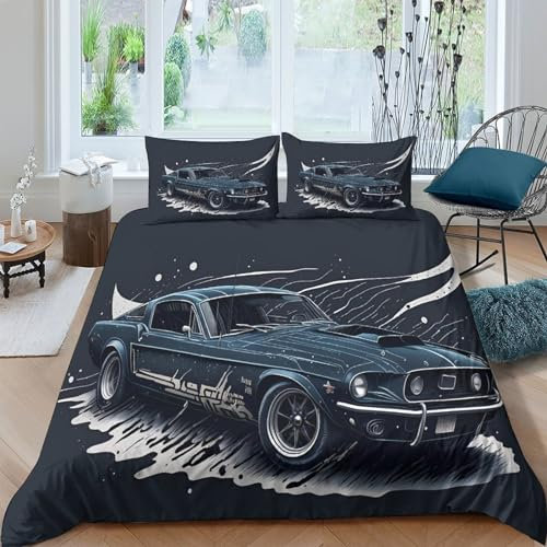 AAHARYA 1968 Bettwäsche, 3-teiliges Bettbezug-Set, Ford Mustang, schwarzer Bettbezug mit 2 Kissenbezügen, 3D-bedrucktes Bettwäsche-Set, hypoallergen, weiche Mikrofaser, King-Size-Größe (220 x 240 cm)