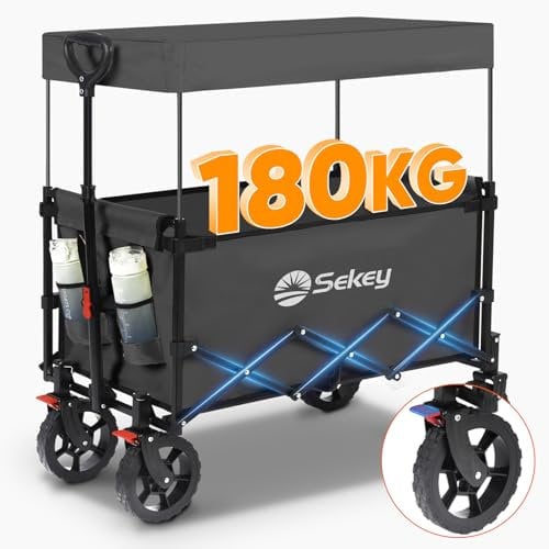 Sekey 250L Large Folding Camping Trolley with Removable Canopy, Heavy-Duty Collapsible Wagon Cart Loadable up to 180KG, Patented Four-Directional Foldable Design Outdoor Cart for Garden Beach, Grey