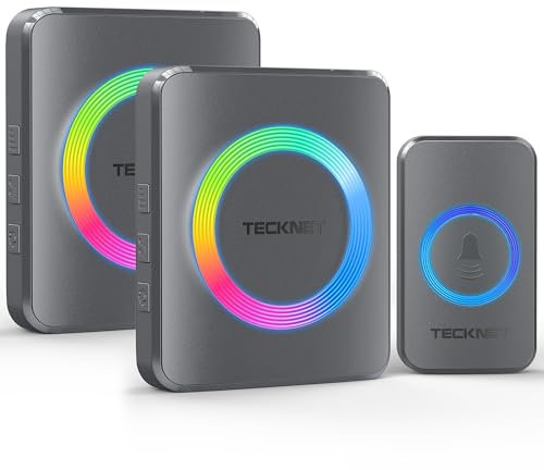 TECKNET Wireless Doorbell, Doorbell IP65 Waterproof Twin Wall Plug-in Cordless Door Chime Kit with 600m Range, 60 Chimes, 120dB Lound 5-Level Volume & RGB Light, Plug in Door Entry Bell