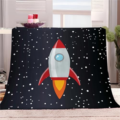 Fleecedecke 150x200cm XXL Cartoon-Weltraumrakete Sterne Kuscheldecke Flauschig Weiche Schwarz Flanell Decke als Sofadecke Couchdecke Tagesdecke, Geschenk Kuscheldecke für Mädchen Jungen
