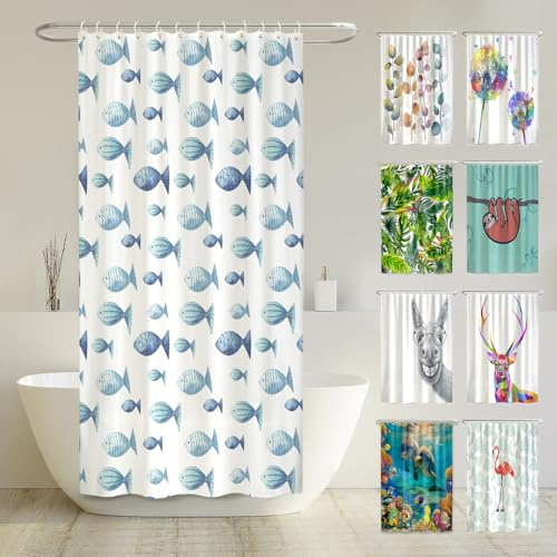 arteneur Anti-Schimmel Duschvorhang 240x200 cm Blaue Fische | Textil recycelt, OEKO-TEX 100, 40°C Maschinenwäsche, blickdicht, wasserdicht, beschwerter Saum, mit 16 recycelten Ringen