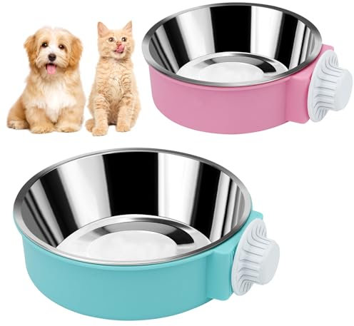 2 Pcs Pet Crate Water Bowl 2 IN 1 Hanging Pet Bowl, Removable Stainless Steel Dog Bowls Large Capacity Cat Feeding Bowls, Puppy Double Feeder Food Water Bowls with Bolt Holder for Small Animals