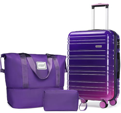 LARVENDER Kofferset 3 Teilig, Handgepäck Koffer 55cm, Midnight Berry | Hartschalen Trolley 55x40x20cm, Leichter Reisekoffer aus PC+ABS mit TSA Schloss, 4 Spinner Räder Koffer- Rollkoffer