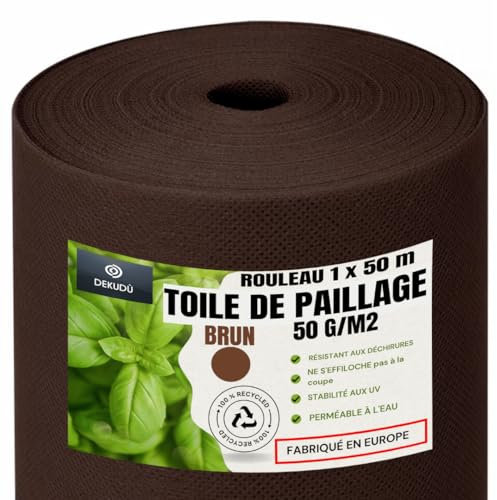 DEKUDÙ, Tela Antihierbas Geotextil, Rollo de 50 Metros x 1 Metro, Malla Antihierba Marron, 50gr/m2, Alta estabilizacion contra UV, NO DESHILACHA al Corte, Made in EU, Color Marron