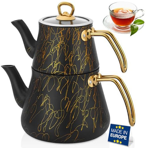 Hakan Black & Gold Avangarde Granite Teapot Set | Keeps Heat, Stovetop Safe, Stainless Steel Handle | Turkish Black Tea Pots with Gold Detail Design | 42.3 oz Tea Pot with Lid + 93 oz (Gold Handles)