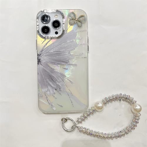 Bakicey Hülle für iPhone 13 Pro Max,Blumen Schmetterlinge Durchsichtig Design Glitzer Kristall Handyhülle mit Süßes Perlenkette Mädchen Kratzfest Stoßfest Case Cover für iPhone 13 Pro Max,Lila