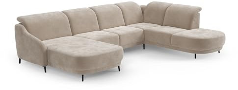 CAVADORE Wohnlandschaft Blue, Sofalandschaft mit Longchair im modernen Design, inkl. kopfteilverstellung, Vorziehsitz motorisch, Klapptisch, mattschwarzen Metallfüßen, Flachgewebe, Beige