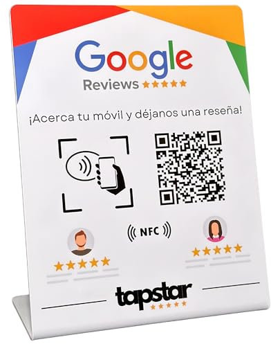 TAPSTAR Soporte Reseñas Google NFC y QR - Stand para Conseguir Reviews Google - Cartel NFC QR Opiniones Google - Compatible con Android & iPhone - Configuración Fácil con Web App - Sin Suscripciones
