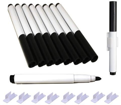 Black Drywipe Pens Whiteboard markers Dry Erase Bullet tip with self adhesive pen holders - Flipchart Board Home Office School Supplies (8 Marker Pens + 8 Pen Clips)