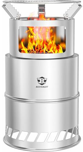 Bestargot Estufa de camping, hoguera portátil de madera sin humo, acero inoxidable, versión de quemador de gas, apilable, resistente al viento, para camping, senderismo, pesca, caza (estufa extra