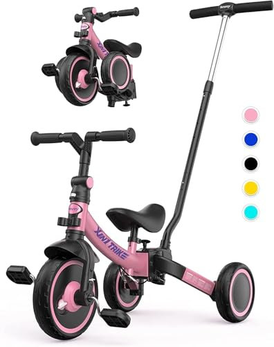 besrey 7 in 1 Kleinkind-Dreirad mit Lenkschiebegriff für 1-5 Jahre, faltbares Laufräder, Kleinkind-Fahrrad mit Radkupplung, größere Räder, abnehmbare Pedale, höhenverstellbarer Sitz,Rosa