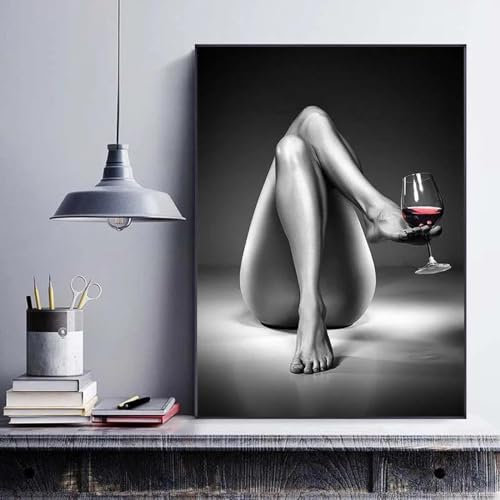 JACBON Nackte Frau, Poster und Drucke, Weinglas, Leinwandgemälde, schwarz-weiße sexy Mädchenfigur, Wandkunst für Wohnzimmerdekoration, 60 x 80 cm (24 x 31 Zoll) mit schwarzem Rand