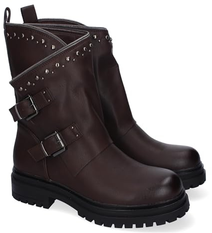 Damenstiefel mit Nieten, Biker-Stil, gezackte Sohle, modernes Design, Reißverschluss am Schaft und dekorativen Schnallen, Reißverschluss., braun, 37 EU