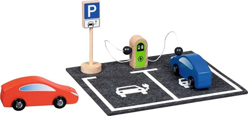 goki 55842 - E-Ladestation PowerLoad aus Holz & Filz, inkl. 2 E-Autos und magnetischen Kugeln, weckt Kreativität der Kinder, zeigt spielerisch den Ladevorgang bei Fahrzeugen, 5er Set, ab 2 Jahre