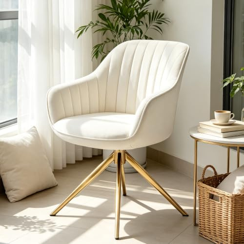 Zouron Chaise de Salle à Manger (avec Coussin épais), Chaise de Bureau pivotante sans roulettes (360°), Fauteuil de Salon (Ergonomique),Lot de 1,Beige（Velours + Pieds dorés）