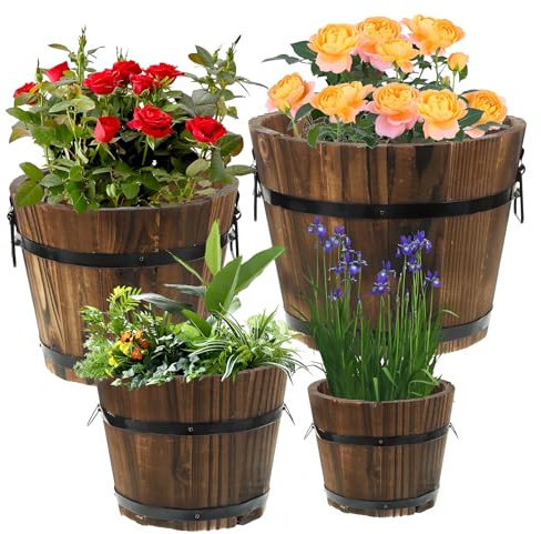 Hlimior 4 Pcs Wooden Whiskey Barrel Planters, Wooden Flower Planters Pots Boxes with Metal Handles 4 Sizes Planting Wood Buckets Christmas Tree Pot for Indoor Outdoor Garden Home Plants