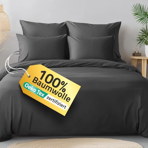 slummer Bettwäsche 135x200 Baumwolle 6teilig Anthrazit - Grau 2 Bettbezüge + 2 Kissenbezüge 80X80 cm, 2 Kissenbezüge 40X80 cm, YKK – Reißverschluss Sommerbettwäsche