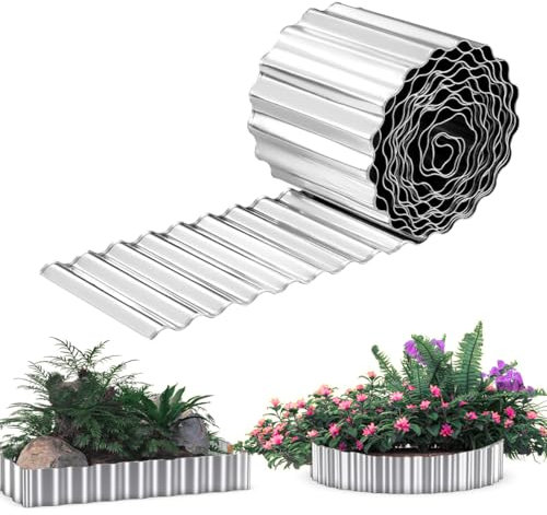 Bordure de Jardin en métal 15cm H x 12m Long, Bordure de Paysage ondulée Bordure de pelouse galvanisée, Bordure de Jardin Flexible pour parterres de Fleurs entourés d'arbres-argenté