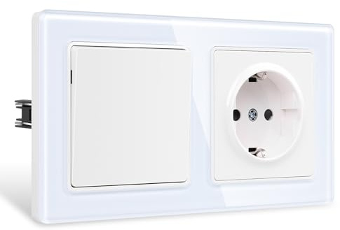 CNBINGO Light Switch with Socket, White, Flush-Mounted Socket with Glass Frame, Wall Double Sockets