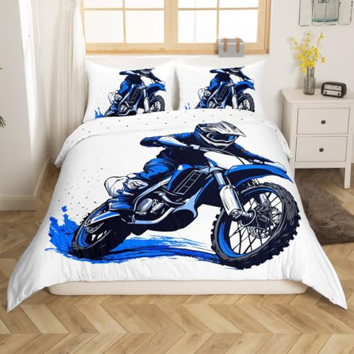 Loussiesd Graffiti Dirt Bike Duvet Cover Set Single Size For Kids Boys Teens Men Extreme Sports Bedding Set Racing Motocross Rider Comforter Cover with 1 Pillowcase Blue Motorbike Pattern