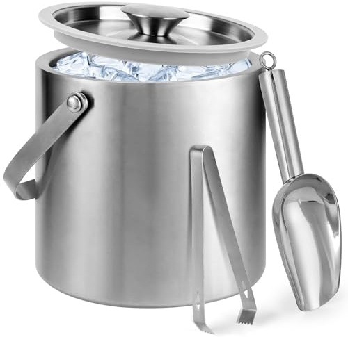 3L Double-Wall Stainless Steel Ice Bucket with Lid,Scoop,Tongs,Handle