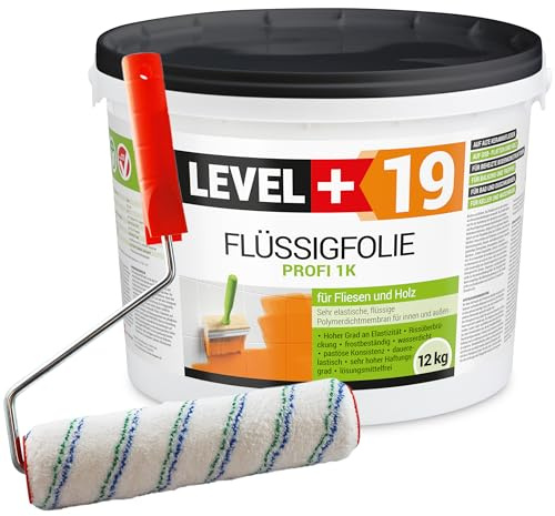 Level + 19 Flüssigfolie Dichtfolie für Bad, Dusche, Balkon, Terrasse 12 kg | Keller – unter Fliesen auf OSB, Holz, Beton – Flüssigabdichtung Wasserdicht Frostsicher Rissüberbrückend - mit Farbroller