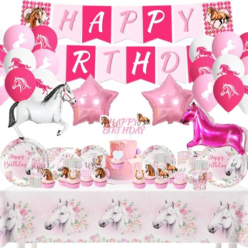 Décoration d'anniversaire pour 10 personnes - Motif chevaux roses - Avec nappe, assiettes en carton, bannière, etc
