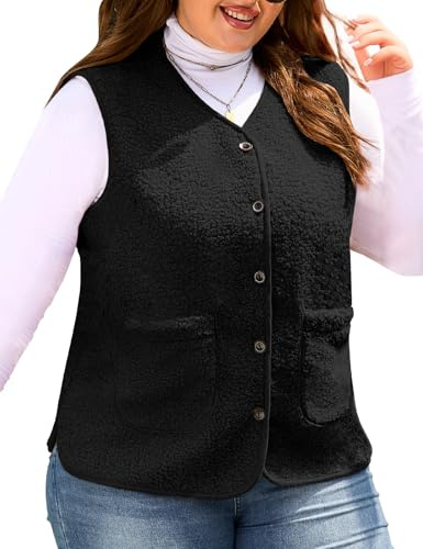 CMTOP Teddy Weste Damen Grosse Grössen Kurz Leicht Damen-Westen, Einfarbig Casual Fleeceweste Bequem Wärme Plüschweste Herbst Winter V-Ausschnitt Ärmellos Jacke mit Knöpfen, Taschen(Schwarz,XXL)