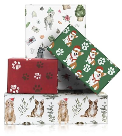 Weihnachts-Geschenkpapier für Hunde, Weihnachts-Geschenkpapier für Haustiere, Welpen, Hund, 8 Blatt, flach gefaltet, 50 x 70 cm, Pfoten-Geschenkpapier pro Blatt, für Weihnachten, Geburtstag